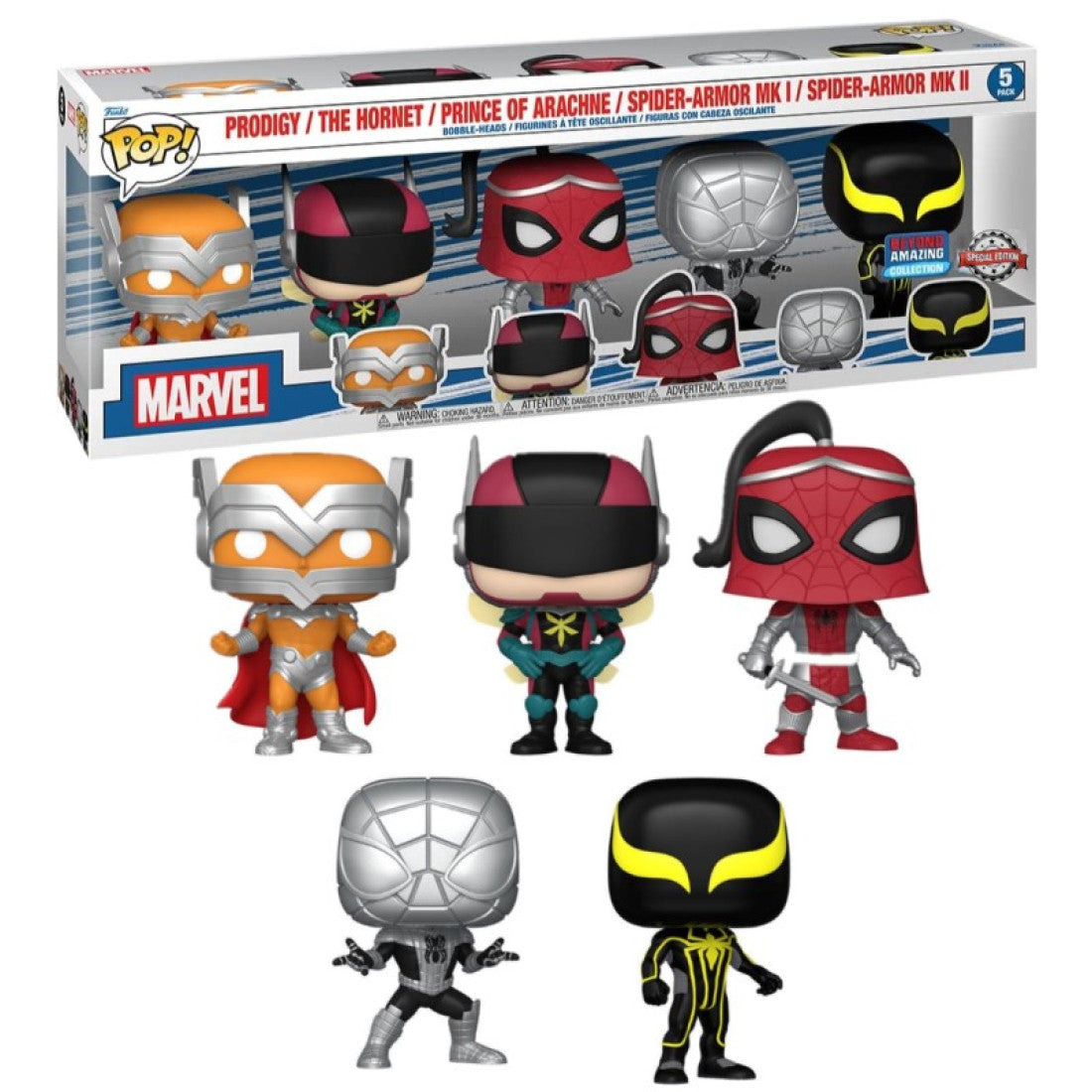 FUNKO POP PRODIGY / THE HORNEY / PRINCE OF ARACHNE / SPIDER - ARMOR MK l / SPIDER- ARMOR MK ll (PACK 5) ( AMAZON EXCLUSIVE )